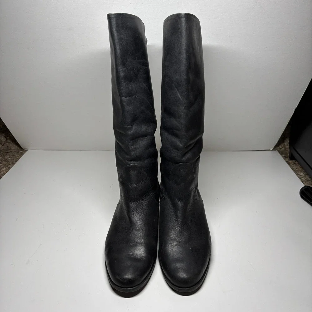 Leather Tall Boots Women 7 Black Low Block Heel Made in Brazil Equestrian Luxury